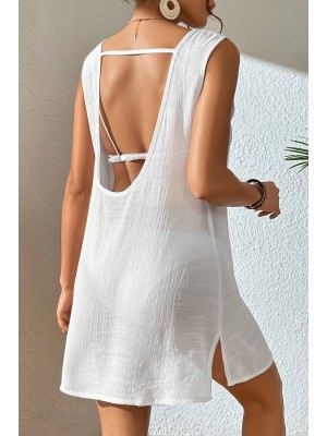 Kadın Beyaz Sırt Detaylı Yırtmaçlı Plaj Elbisesi Pareo