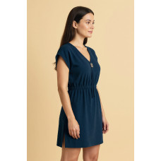 Kadın Lacivert Yanları Yırtmaçlı Tokalı V Yaka Mini Plaj Elbisesi 