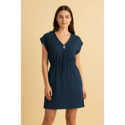 Kadın Lacivert Yanları Yırtmaçlı Tokalı V Yaka Mini Plaj Elbisesi