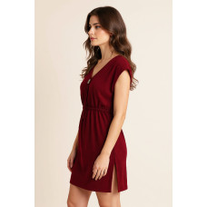 Kadın Bordo Yanları Yırtmaçlı Tokalı V Yaka Mini Plaj Elbisesi 