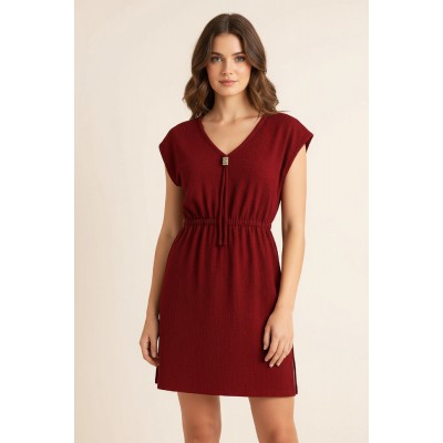 Kadın Bordo Yanları Yırtmaçlı Tokalı V Yaka Mini Plaj Elbisesi