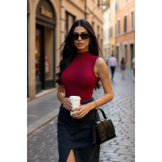 Kadın Bordo Kolsuz Balıkçı Yaka Basic Bluz
