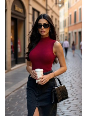 Kadın Bordo Kolsuz Balıkçı Yaka Basic Bluz Kadın Bordo Kolsuz Balıkçı Yaka Basic Bluz