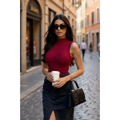 Kadın Bordo Kolsuz Balıkçı Yaka Basic Bluz Kadın Bordo Kolsuz Balıkçı Yaka Basic Bluz