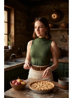 Kadın Haki Yeşili Kolsuz Balıkçı Yaka Basic Bluz