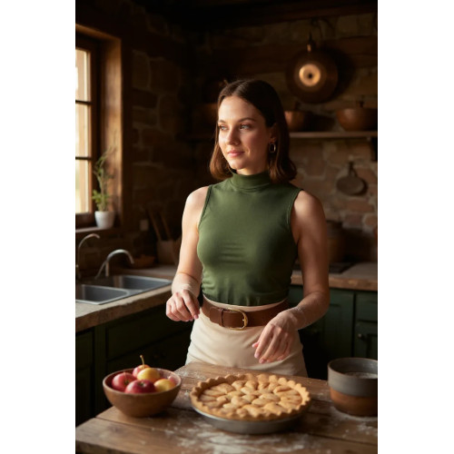 Kadın Haki Yeşili Kolsuz Balıkçı Yaka Basic Bluz