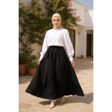 Kadın Siyah Double Kumaş Beli Lastikli Cepli Etek 