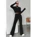 Kadın Siyah Boğazlı Crop Top ve Yüksek Bel Eşofman Takımı Spor Şık Kombin