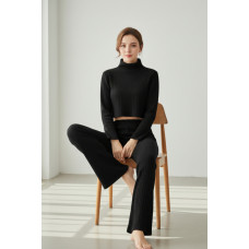 Kadın Siyah Fitilli Eşofman Takımı – Crop Uzun Kollu Üst & Paça Pantolon, Şık Günlük Set 