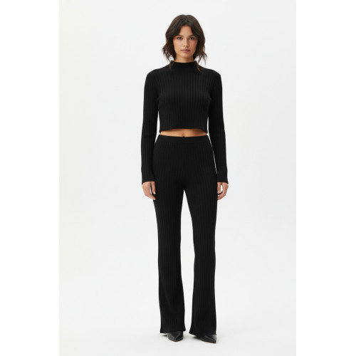 Kadın Siyah Fitilli Eşofman Takımı – Crop Uzun Kollu Üst & Paça Pantolon, Şık Günlük Set