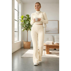 Kadın Ekru Çizgili Boğazlı Crop Top ve Yüksek Bel Eşofman Takımı Spor Şık Kombin 