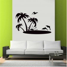 Yunuslar, Ada ve Gün Batımı Duvar Sticker 